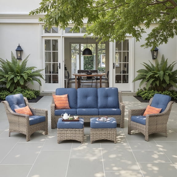 Ovios 5 Pieces Outdoor Furniture Set High Back All-Weather Wicker Patio Conversation Set with Ottomans, Denim Blue