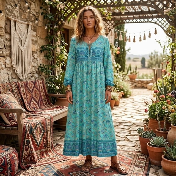 Vintage Chic Women Long Sleeve Neck Tie Ethnic Wild Flower Beach Bohemian Maxi Dress Ladies Rayon Cotton Boho Dresses