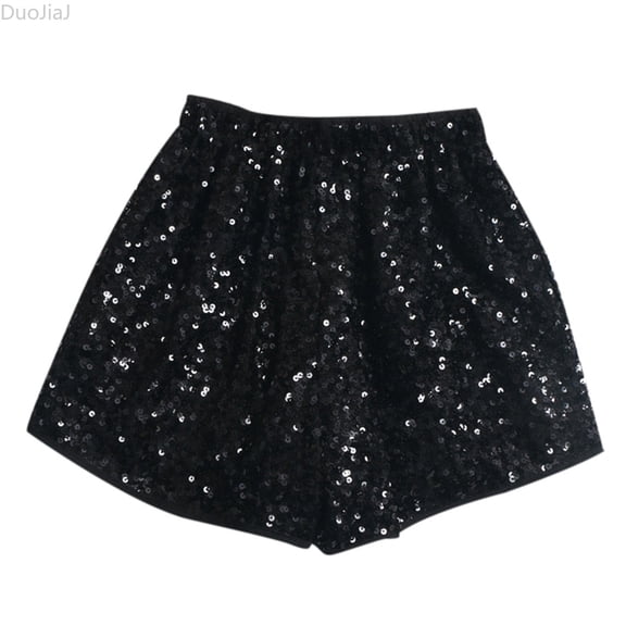 DuoJiaJ Women's Sequin Sparkle Elastic High Waist A Line Party Shorts Black L