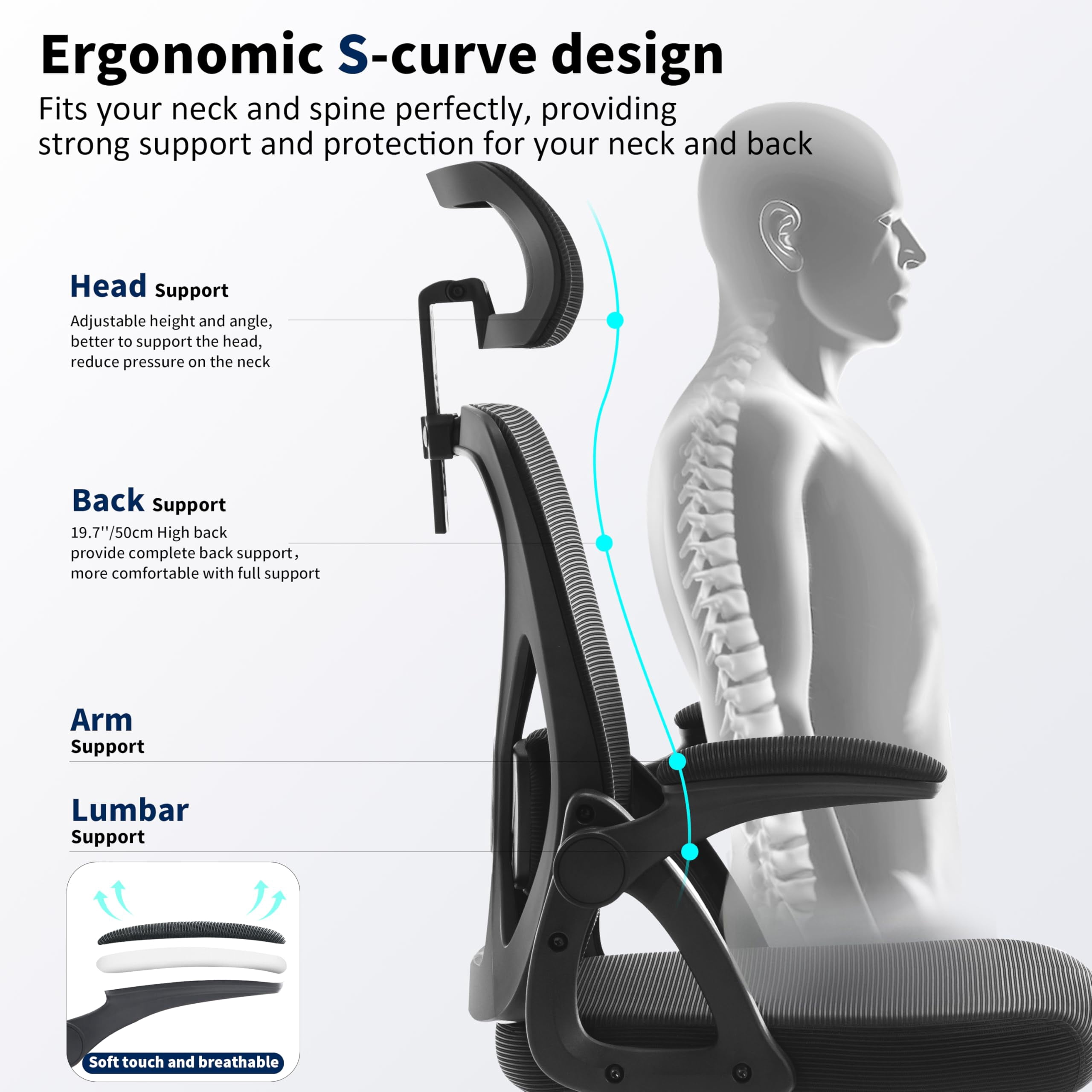 Nexthro Office Chair,Ergonomic Desk Chair with Adjustable Lumbar Support,400 Lbs Mesh Computer Chair High Back with Headrest for Home Office (Black)