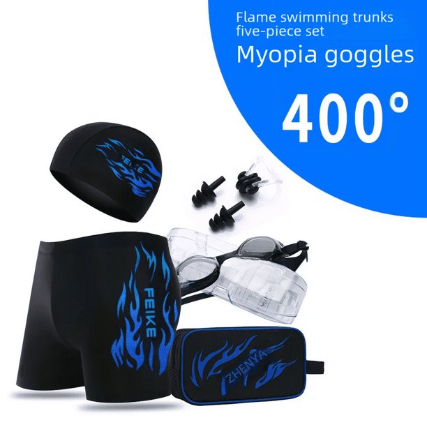 Bañador cómodo de secado rápido con estampado de fuego para hombre, gafas de natación, gorro de natación adecuado para baños en aguas termales