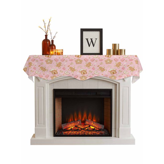 Pink Christmas Fireplace Mantle Scarf, Xmas Gingerbread Winter Cane Candy Snowflakes Mantel Cover Table Runner for Home Living Room Door Window, Indoor Outdoor Holiday Party Decor 17" x 70"
