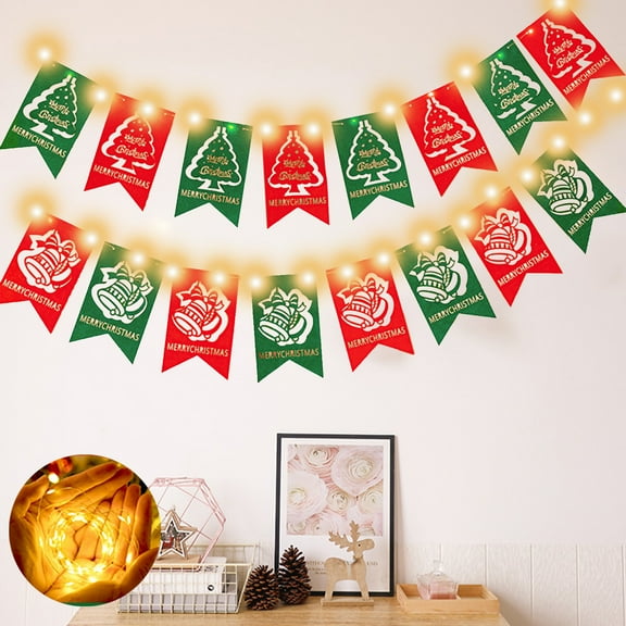 Christmas Decorations Luminous Banner,Hanging Flags,Red and Green Merry Christmas Banner, Christmas Bunting Garland Snowflake Party Supplies for Home Outdoor Indoor Holiday