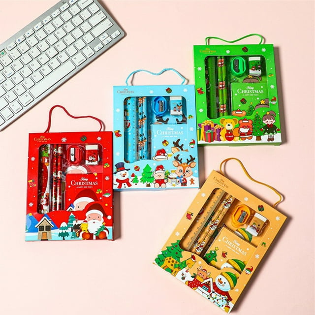 Christmas Stationery Set for Students - 6 Piece Holiday Gift Box with Pencils, Erasers & Festive Designs