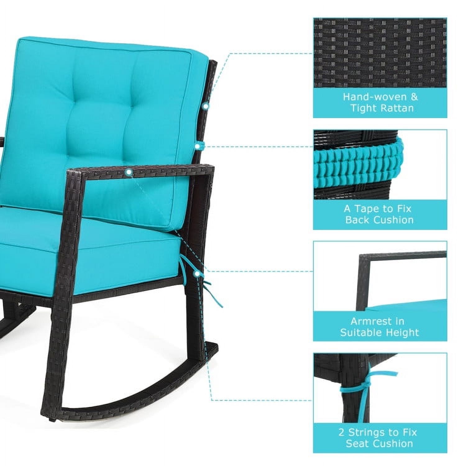Barara King Rocking Chairs Outdoor, Patio Rattan Rocker Outdoor Glider Rocking Chair Cushion Lawn-Turquoise, Patio Rocking Chairs