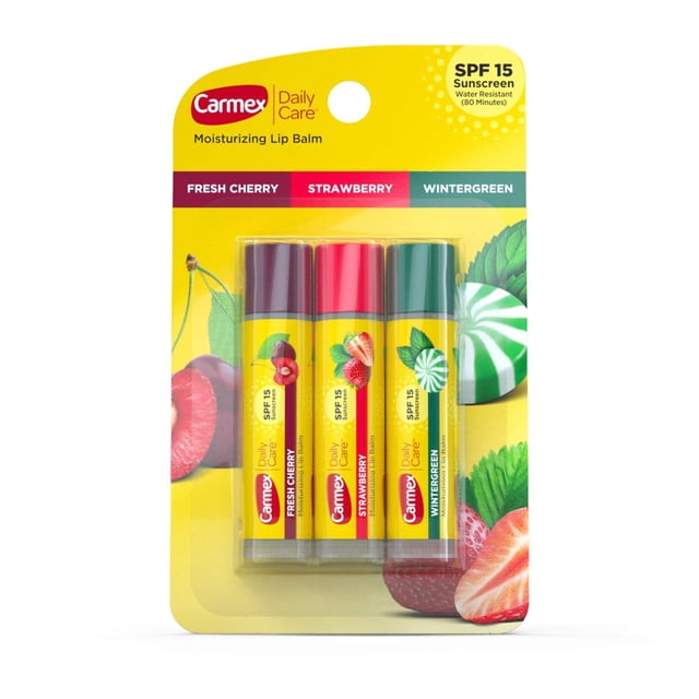 Bálsamo Labial Hidratante Carmex Cereza Fresa y Gaulteria con Protector Solar Paquete de 3