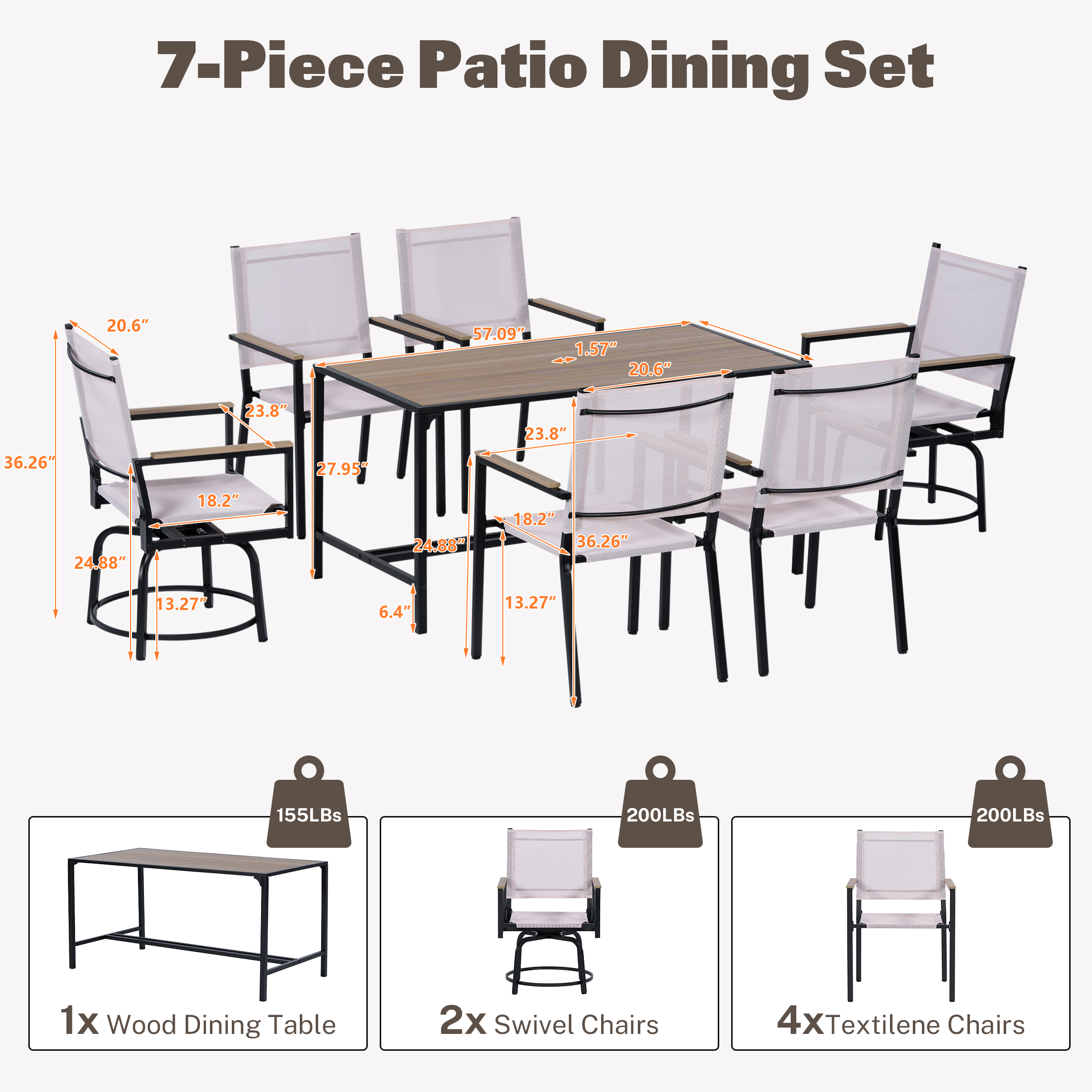 Segmart Outdoor Furniture Dining Set,Patio Dining Table Set for 6 Person, Patio Table and Chairs Set with Textilene Armchairs, Conversation Furniture Set for Backyard, Poolside, Pink