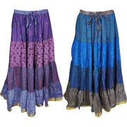 Mogul Womens Vintage Silk Sari Long Skirts Full Flare Tiered Hippie Chic Maxi Skirt Lot Of 2 Pcs