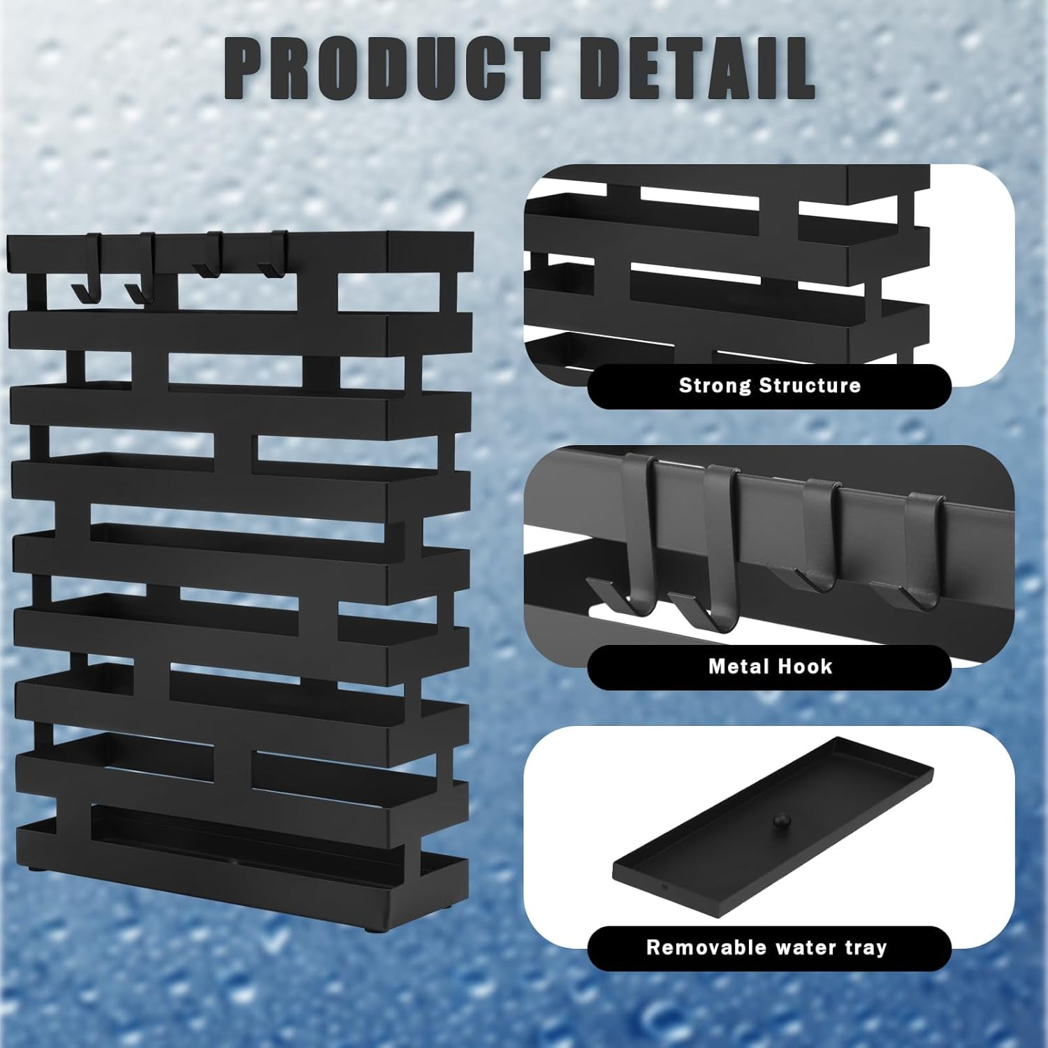 Umbrella Stands for Entryway Large Metal Umbrella Holder 3.94 x 11.81 x 16.93 Inches with Removable Water Tray and Hooks Decor Freestanding Rectangular Hollow Rack for Home Office (Black)
