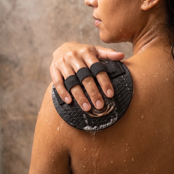 Round Exfoliating Bath Scrubber with Finger Strap, Body Skin Exfoliator Shower Scrub Pad, Reusable Dead Skin Remover Bath Sponge for Back, Arms, Whole Body Deep Cleansing