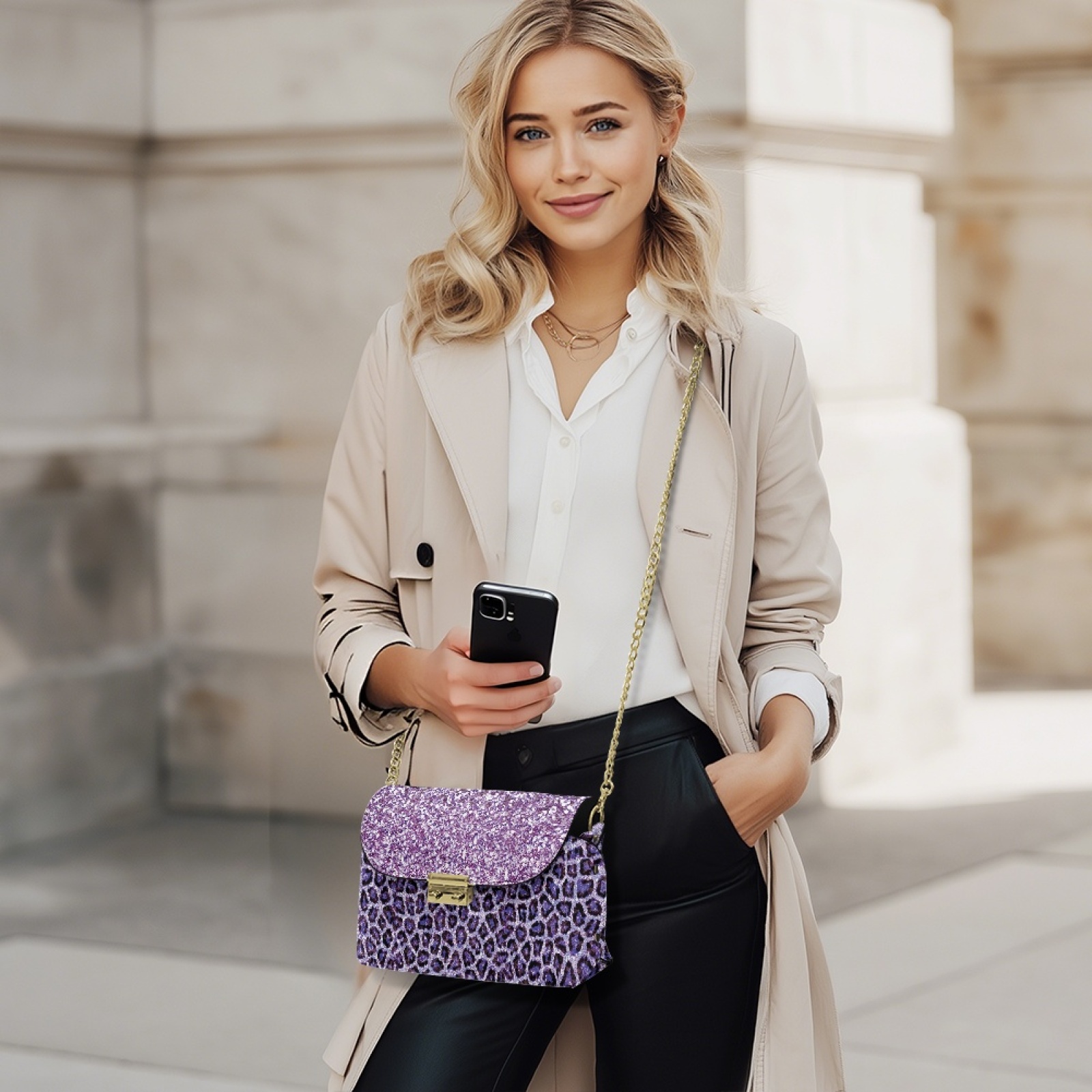 SCRAWLGOD Leopard Print Violet Crossbody Purse for Women Leather Daily Small Purses Minimalist Women's Crossbody Handbags Metal Buckle Shoulder Bags with Chain Strap