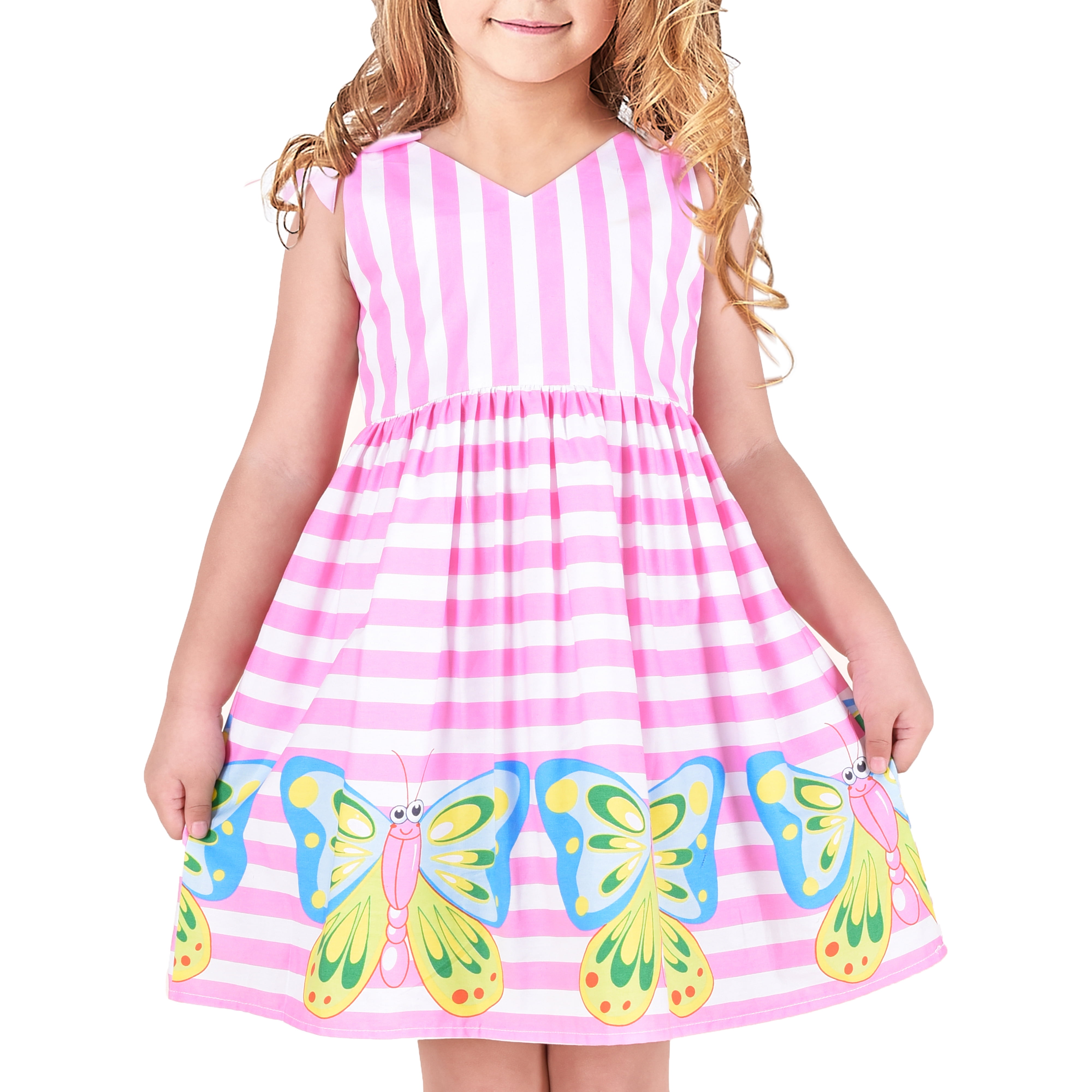 Girls New Hello Kitty Dress Kids Party A-line Cotton Pink White Age 4-10 Years 
