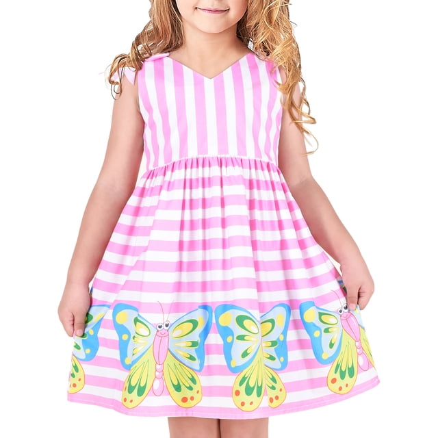 Robe Fille Rose Rayée Papillon Col en V Nœud Papillon 4 Ans