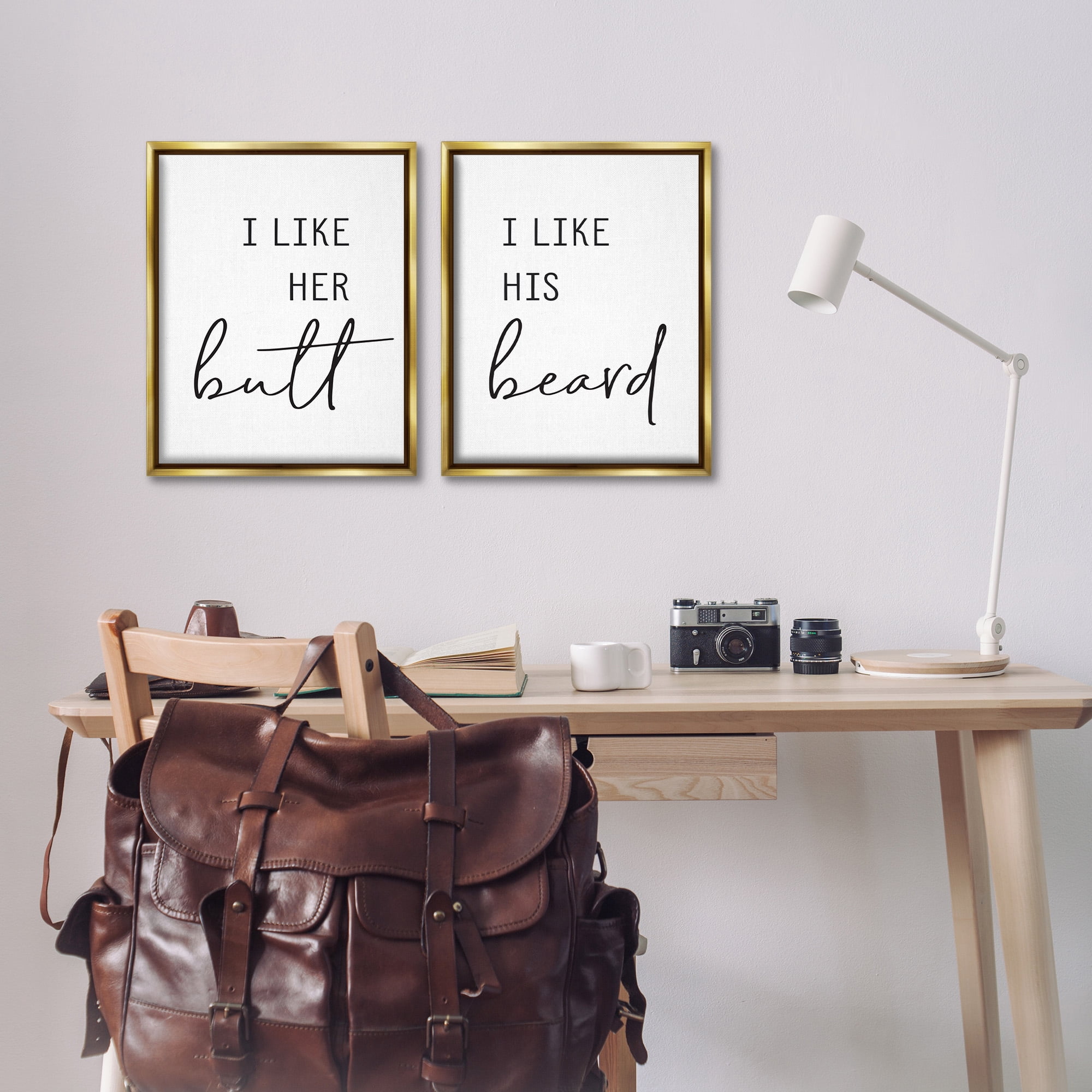 Stupell Industries Her Butt His Beard Funny Romantic Typography Painting Gold Floater Framed Canvas Art Print Wall Art, 17 x 21, Set of 2