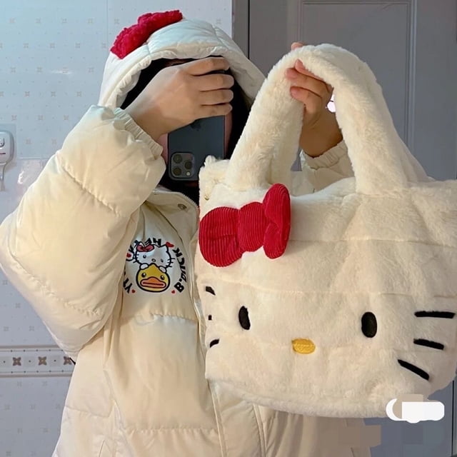 Bolso de felpa suave Kawaii Hello Kitty Jk Lolita para niñas, monedero de Anime, bolso de hombro informal para estudiantes, cálido y esponjoso, Gato Kt