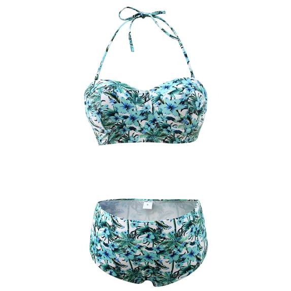 KZKR Women High Waist Bikini Set Vintage Floral Print Front Knot Side Bandage Two Piece Swimsuit Beachwear
