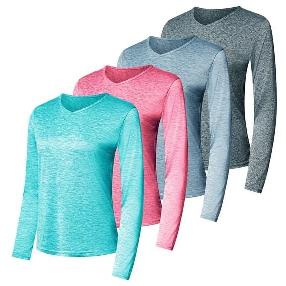 Real Essentials 4-Pack: Women's Dry-Fit Long-Sleeve V-Neck Athletic Workout Shirt (Available in Plus Size)