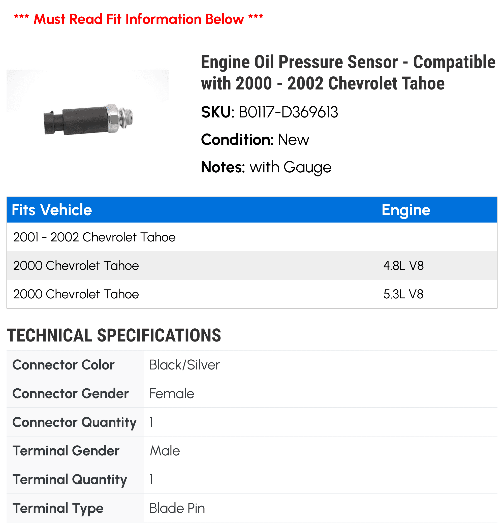 Engine Oil Pressure Sensor - Compatible with 2000 - 2002 Chevy Tahoe 2001