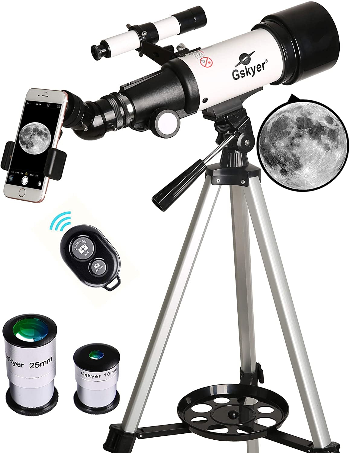Portable Travel Mirror Smartphone Adapter CRKY Telescope for Children Adult Astronomy Beginner 70mm Aperture Refracting Mirror with Tripod and Two Eyepieces 