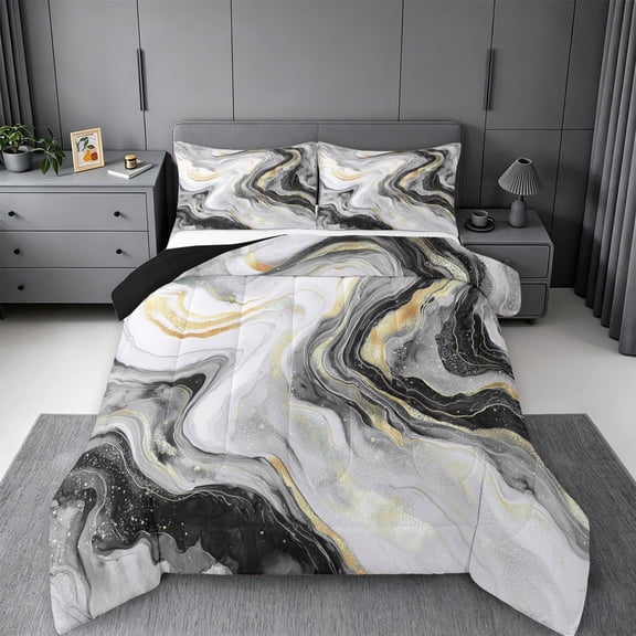 meiyoeat Modern Marble Art Queen Comforter Set For Women Men,Abstract Swirl Design Comforter Sets Queen For Adults,Black Reversible,3-Piece