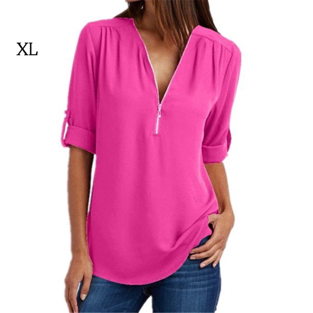 Qarigey - Camisa de manga corta con cuello en V para mujer con cremallera decorativa Prendas para la parte del cuerpo Rosa roja SG