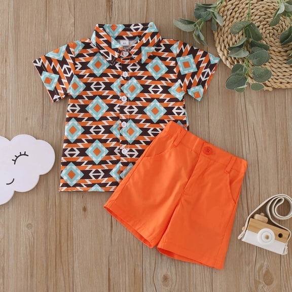 Conairie Boys Outfits Set Two Piece Collar Short Sleeve Button Down Shirt and Shorts Kids Cute Graphic Versatile Summer Soft Loungewear Clothe Set Orange 18-24 M