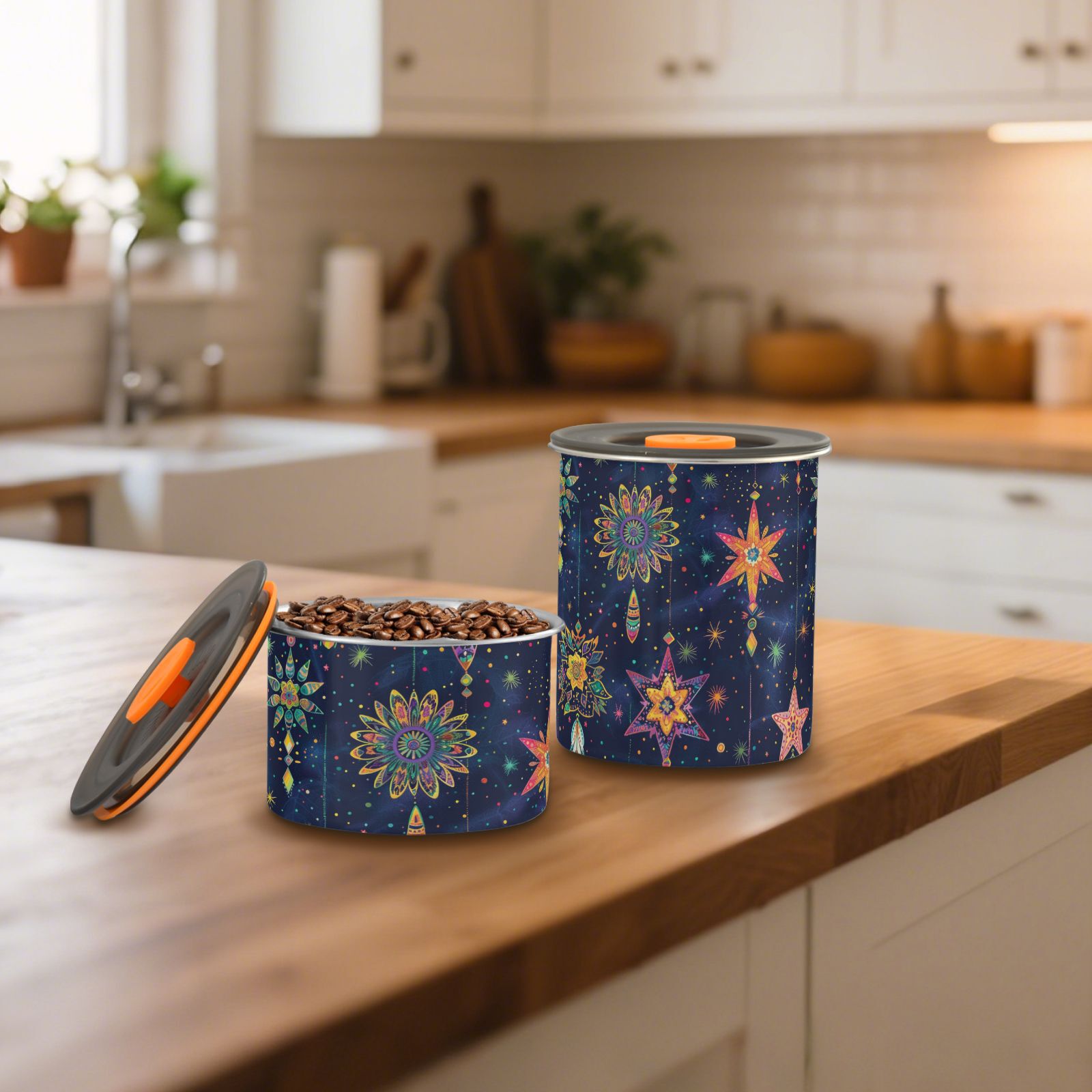 Boho Dreamcatcher Starry Sky Airtight Coffee Bean Canister 30oz Food Storage Containers with Lids For Gournd, Tea, Sugar, Flour, Rice, Cereal, Candy Cookie Jar