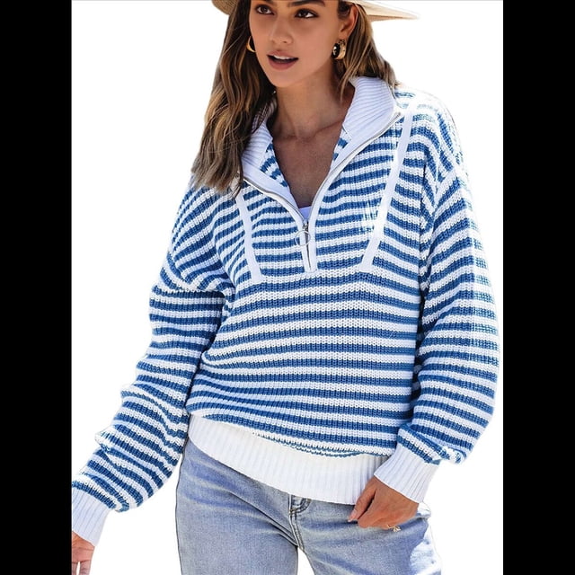 Suéter de Punto Acanalado de Larga con Media Cremallera A Rayas para Mujer, Tops Casuales, Cómodos y Ligeros, Moda de Otoño Azul S