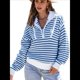thumbnail image 1 of Suéter de Punto Acanalado de Larga con Media Cremallera A Rayas para Mujer, Tops Casuales, Cómodos y Ligeros, Moda de Otoño Azul L, 1 of 10