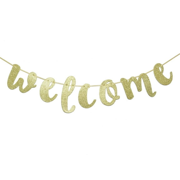 Qttier Welcome Gold Glitter Hanging Sign Banner- First Day of School, Classroom, Wedding, House, Home Decor (Gold)