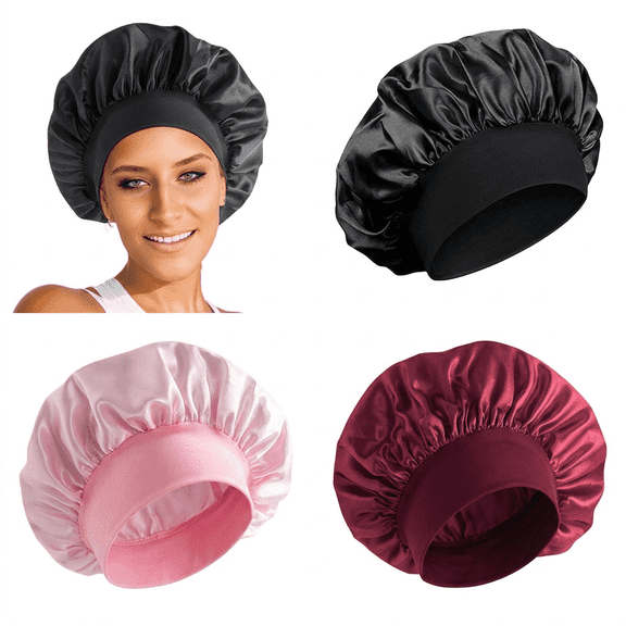 ROSEXIXI 3Pcs Satin Hair Bonnet for Sleeping, Wide Elastic Band Breathable Night Cap for Women, Large 30cm Curly Hair Protection for Braids Dreadlocks, Black Pink Wine Red