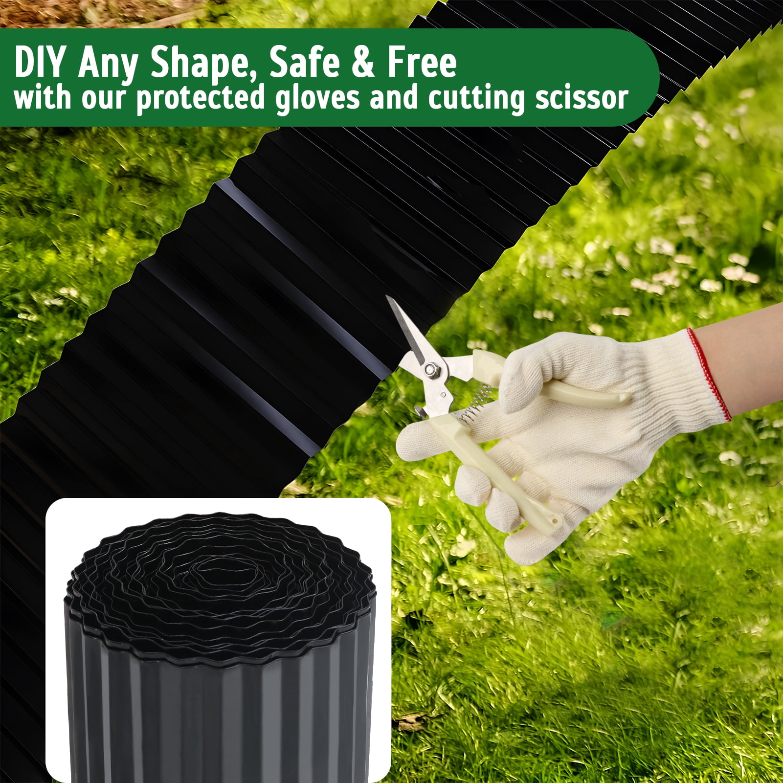 40FT Galvanized Steel Landscape Edging Roll, 6" Tall Sturdy Flexible Corrugated Metal Lawn Border for Garden, Pathway & Flower Beds, Black
