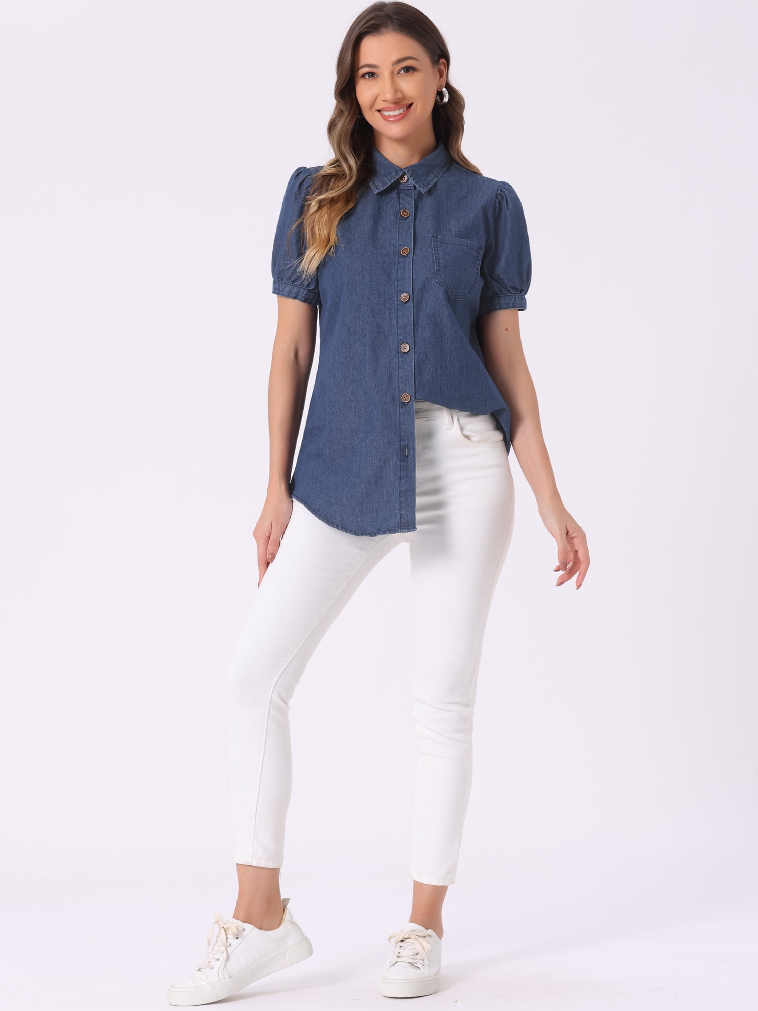 DARING DIVA Women's Denim Short Puff Sleeve Spread Collared Button Up Shirt L Deep Blue