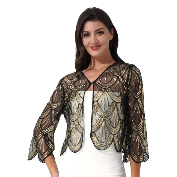 YiZYiF Womens Hollow Lace Shrug Bolero Long Sleeve Sequin Cardigan Tops Dress Cover Up Gold One Size