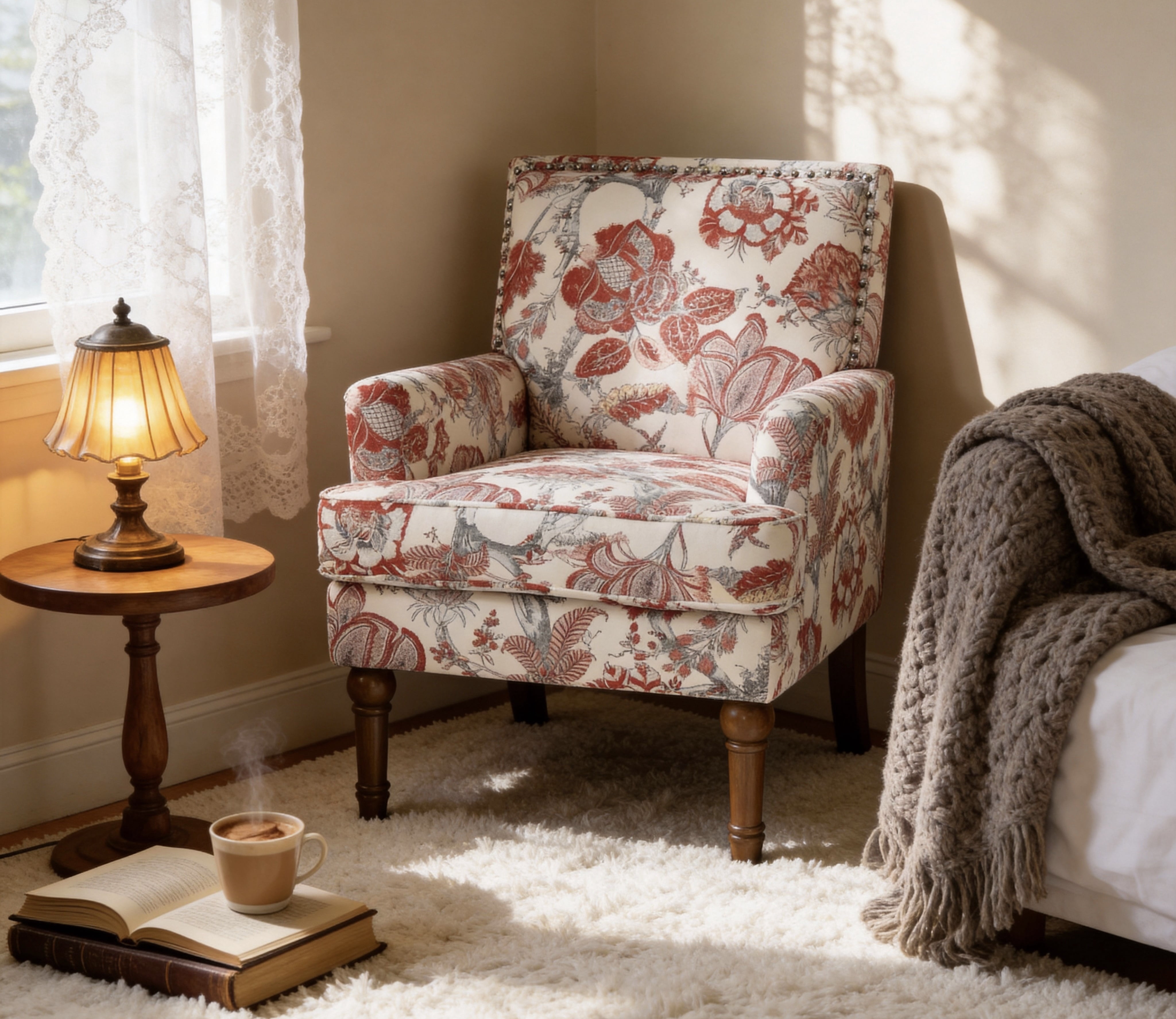 Floral Accent Chair with Nailhead Trim, Red and White Upholstered Armchair with Solid Wood Legs, Farmhouse Slipper Chair for Living Room, Red