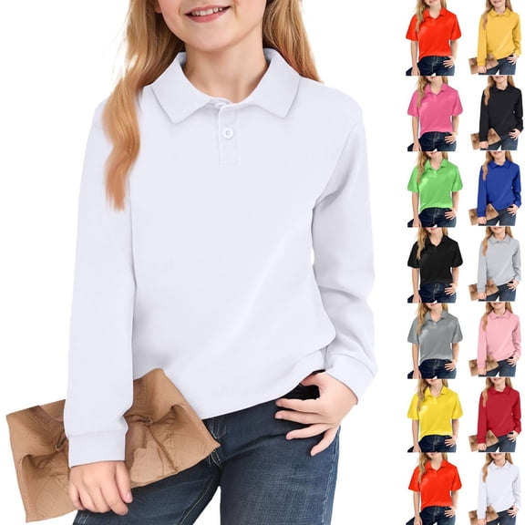 Huankd Girls Polo Shirts Long Sleeve School Uniform Classic Color Raglan Button-Up Top Comfortable Tee White 5-6Y