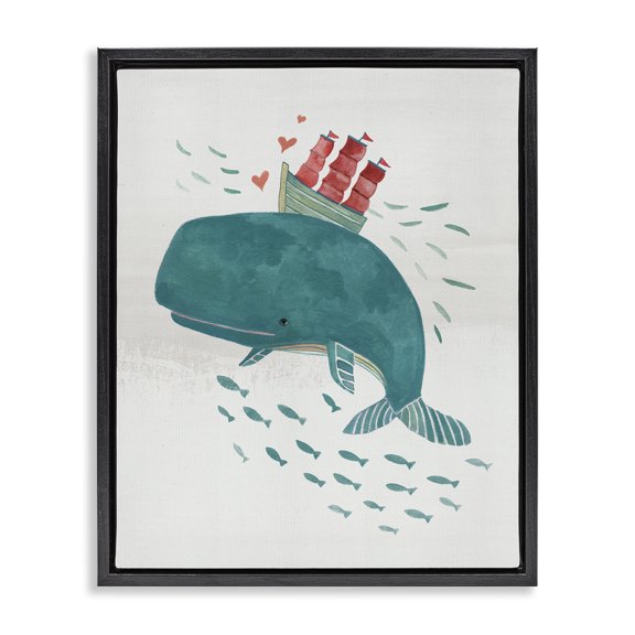 Stupell Industries Cottage Whale & Sailboat Diving Black Floating Frame Canvas Art, 17 x 21, by Irene Chan