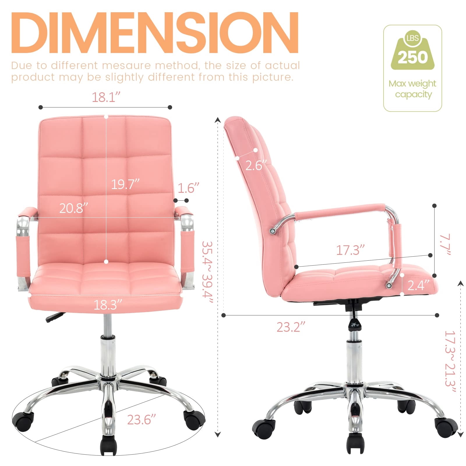 PU Leather Office Chair with Arms, Adjustable Height, Swivel Rolling Desk Chair, Mid-Back Upholstered Modern Chair for Home, Study, or Vanity, Light Pink