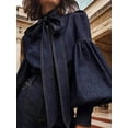 thumbnail image 4 of Womens Denim Blouse Pullover Embellished Long Puff Sleeve Jean Buttoned Vintage Shirts Tops Navy Blue L, 4 of 6