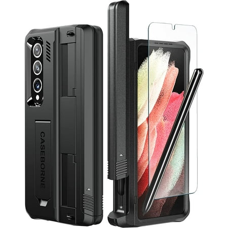 CaseBorne V Compatible with Samsung Galaxy Z Fold 4 Case - Full Body Protective Case with Semi-Auto Hinge Cover, [Tempered Glass Screen Protector], Kickstand and S Pen Holder - Black