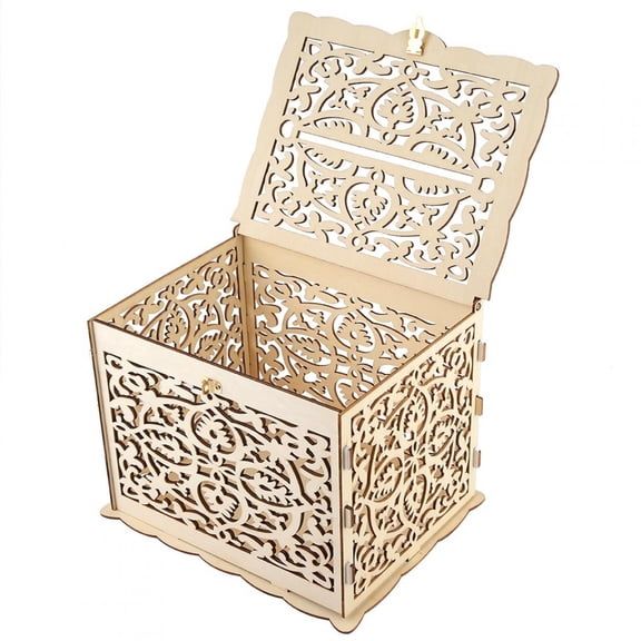 Wooden Gift Card Box Money Holder with Card Sign Gold Wedding Card Box with Lock, for Wedding Receptions, Baby Showers, Birthdays, Bridal or Graduation Party Supplies Decorations
