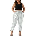 thumbnail image 2 of Pantalones jogger de mujer plus size Agnes Orinda, metálicos, brillantes, de cintura alta, elásticos, pantalones holográficos, sudadera 1X plateada, 2 of 6