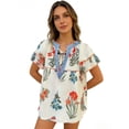 thumbnail image 3 of Women's Casual Boho Floral Blouse - V Neck Tie Front Ruffle Short Sleeve Loose Fit Summer Top for Beach Vacation & Everyday Wear, 3 of 5