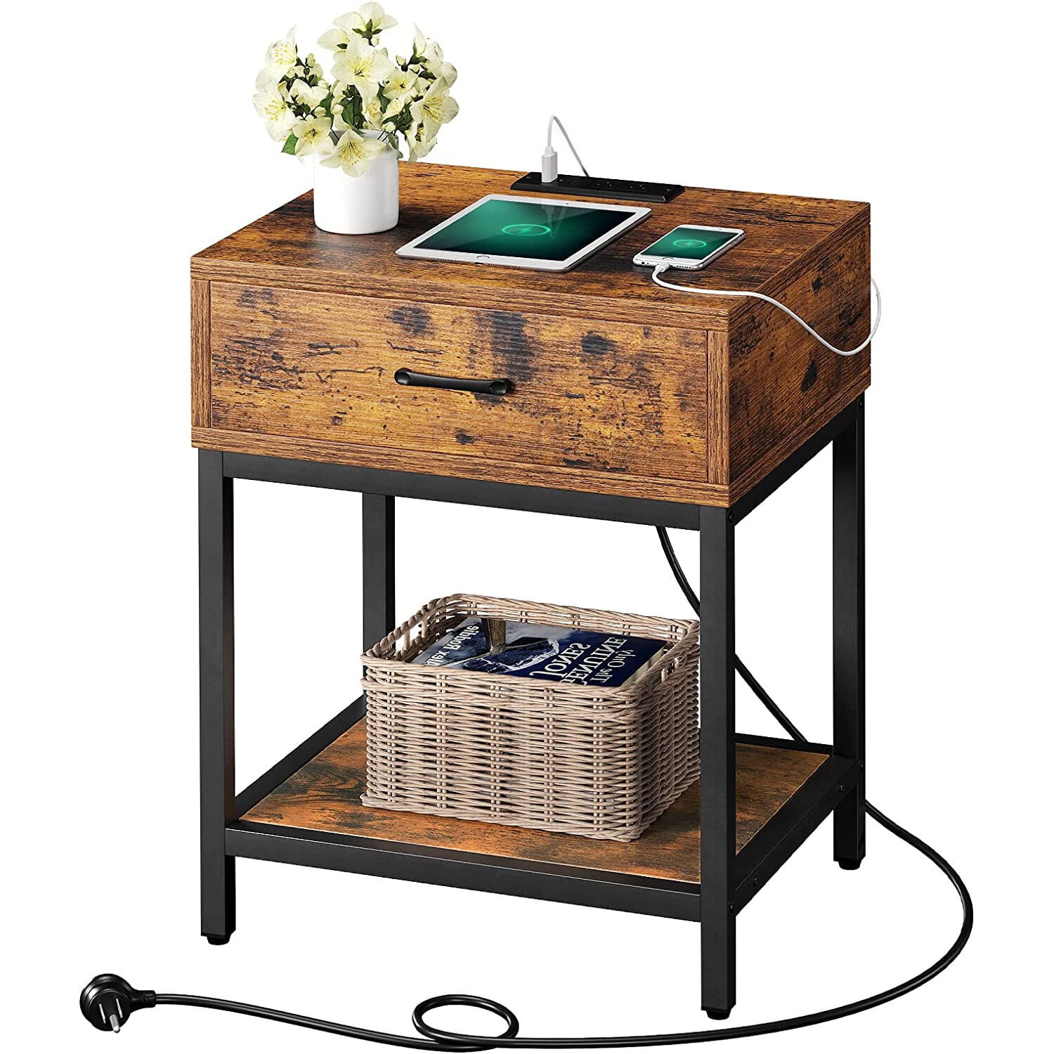 Yartaka Nightstand with Charging Station, Bedside Tables with 2 Tiers