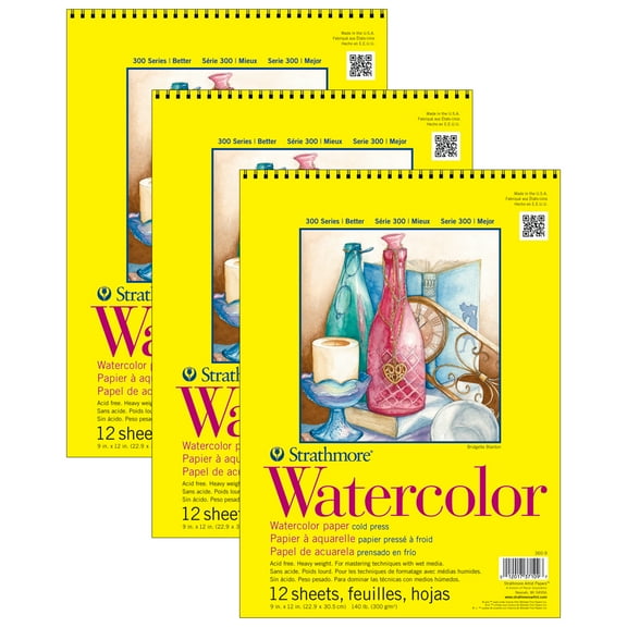 Strathmore 300 Series Watercolor Pad, Cold Pressed, Top Wire Binding, 12 Sheet, 9x12 inch, Pack of 3