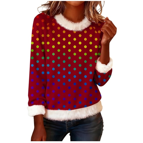 BUIGTTKLOP Christmas Sweatshirts for Women Fuzzy Fleece Trim V Neck Shirt Dressy Casual Graphic Print Tops