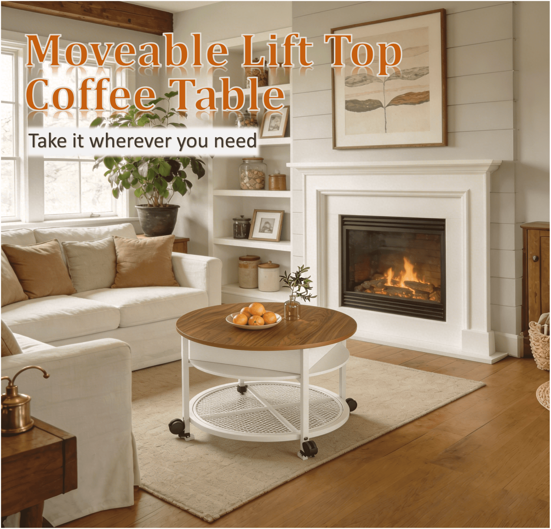 Ktaxon Mid-Century Coffe Table with Lift Top, 26.7" Round Coffee Table with Storage and Rolling Wheels, Modern Center Table for Small Spaces, Washed White