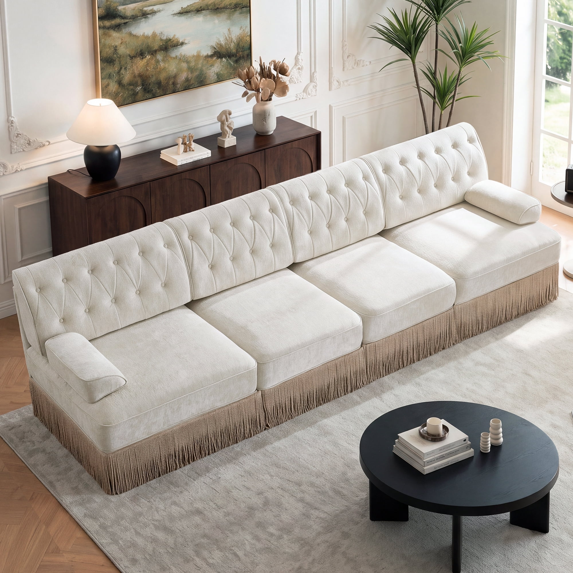 135" Velvet Fabric 4-Seater Sofa with Tassel Fringe Skirt and Button Tufted Design, Easy to Assemble
