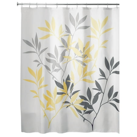 InterDesign Leaves Fabric Shower Curtain, Standard 72" x 72", Gray/Yellow
