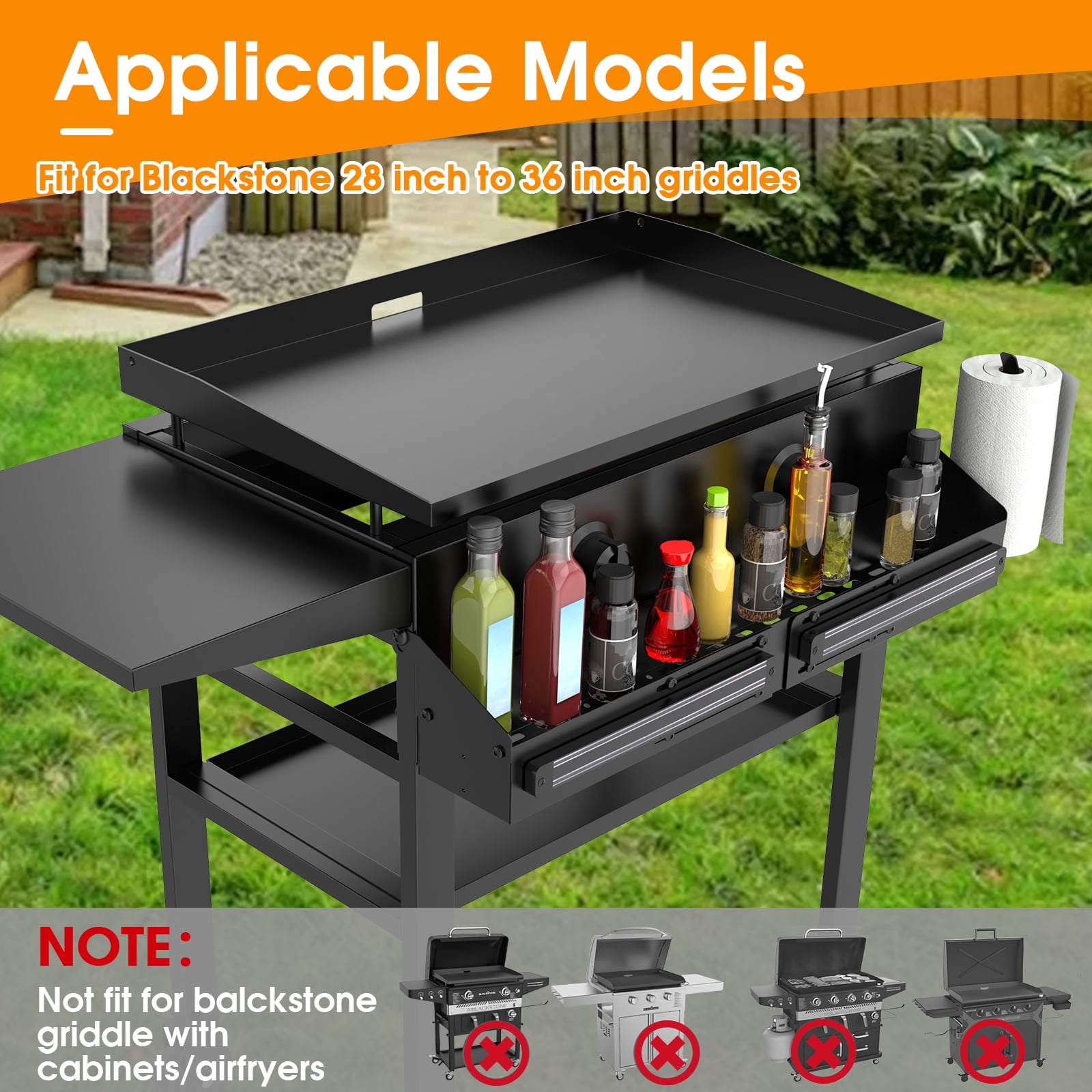 Universal Front Griddle Caddy for Blackstone Griddles from 28" to 36", Front Tool/Bottle Shelf with 2PCS Magnetic Tool Holder & Paper Towel Holder for Blackstone Griddle, Space Saving Storage Caddy